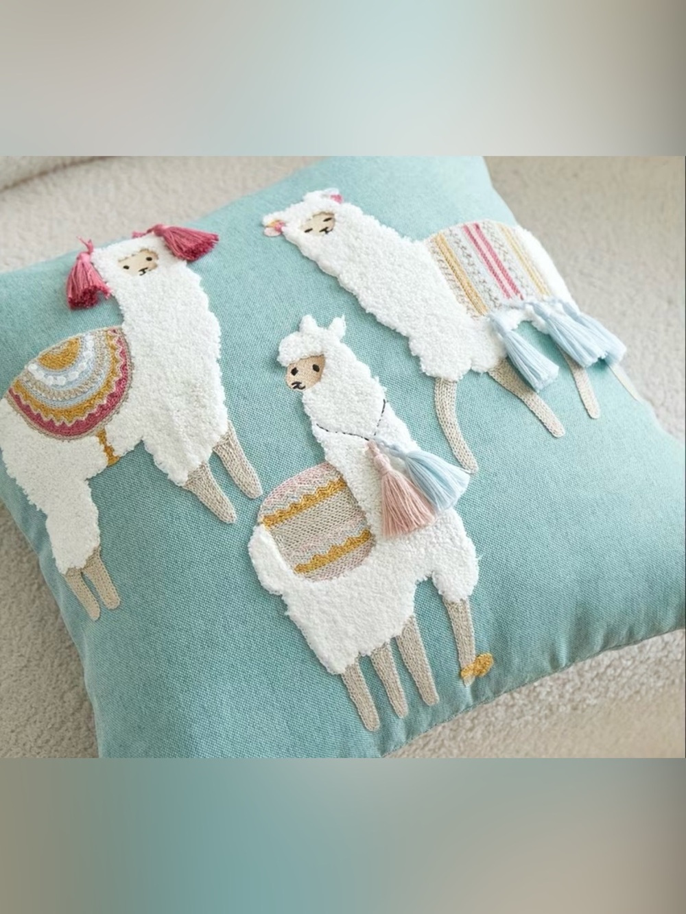 Decorative Llama Accent Pillow Cover in Aqua with Tassel Detail-NWOT